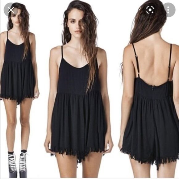 UNIF Stray Sleeveless Romper in black. Vneck with adjustable straps - Picture 1 of 11